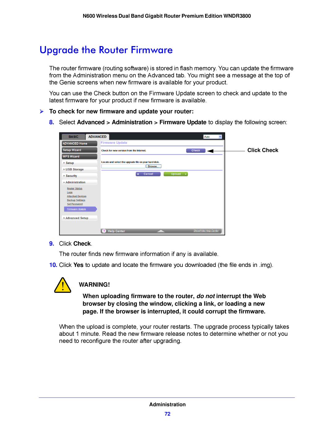 NETGEAR WNDR3800-100NAS user manual Upgrade the Router Firmware 