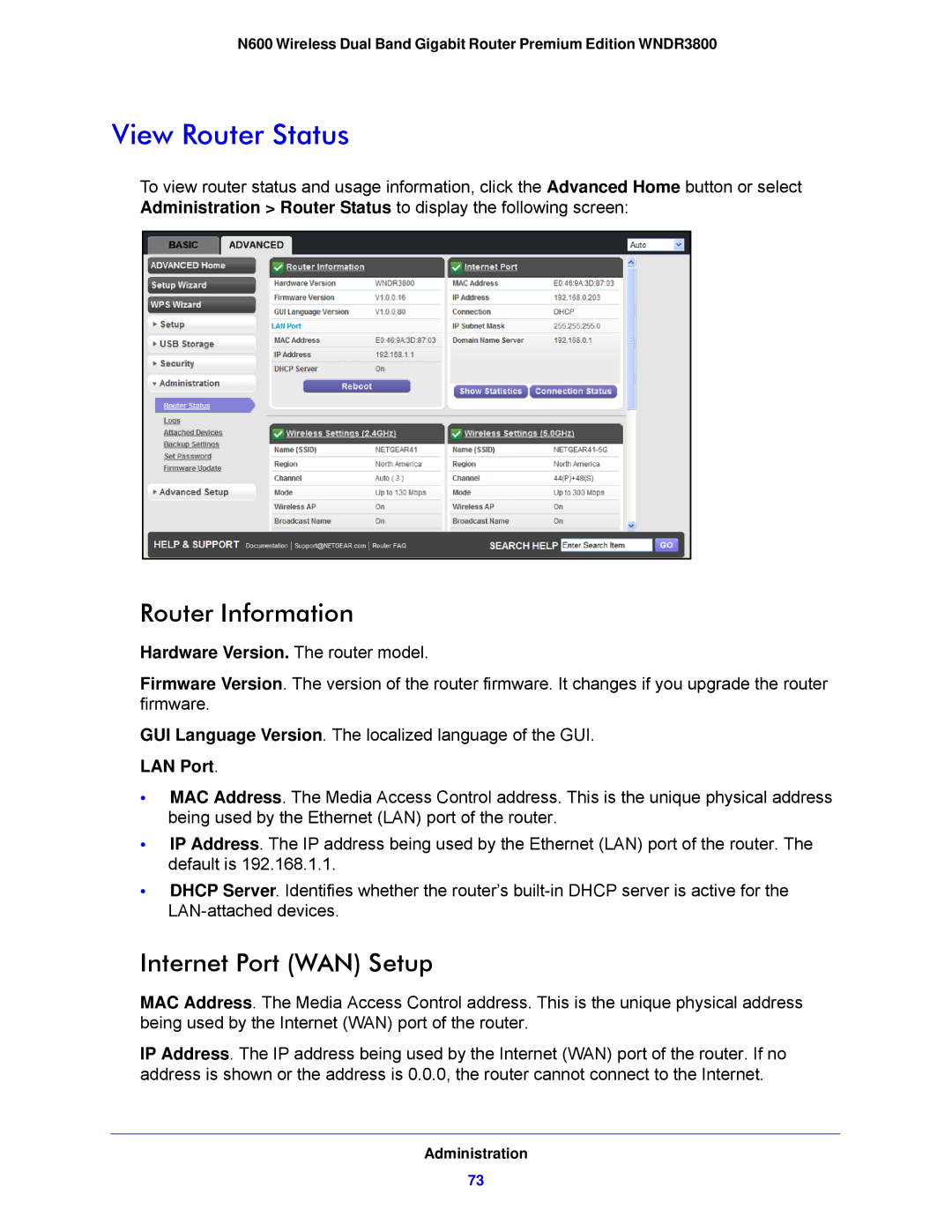 NETGEAR WNDR3800-100NAS user manual View Router Status, Router Information, Internet Port WAN Setup 