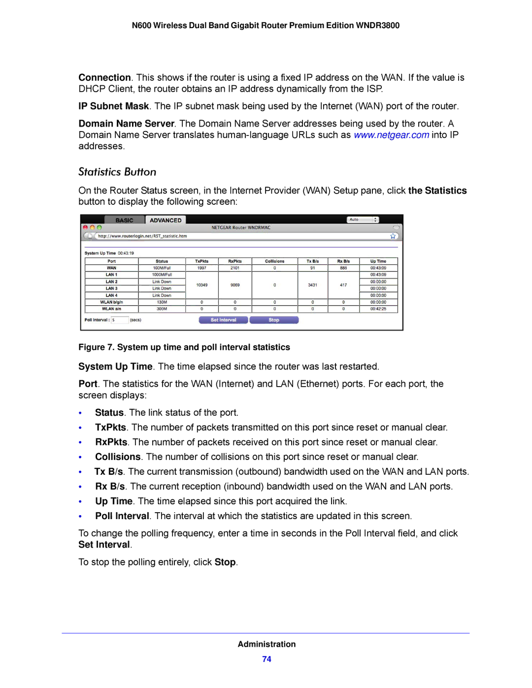 NETGEAR WNDR3800-100NAS user manual Statistics Button, System up time and poll interval statistics 