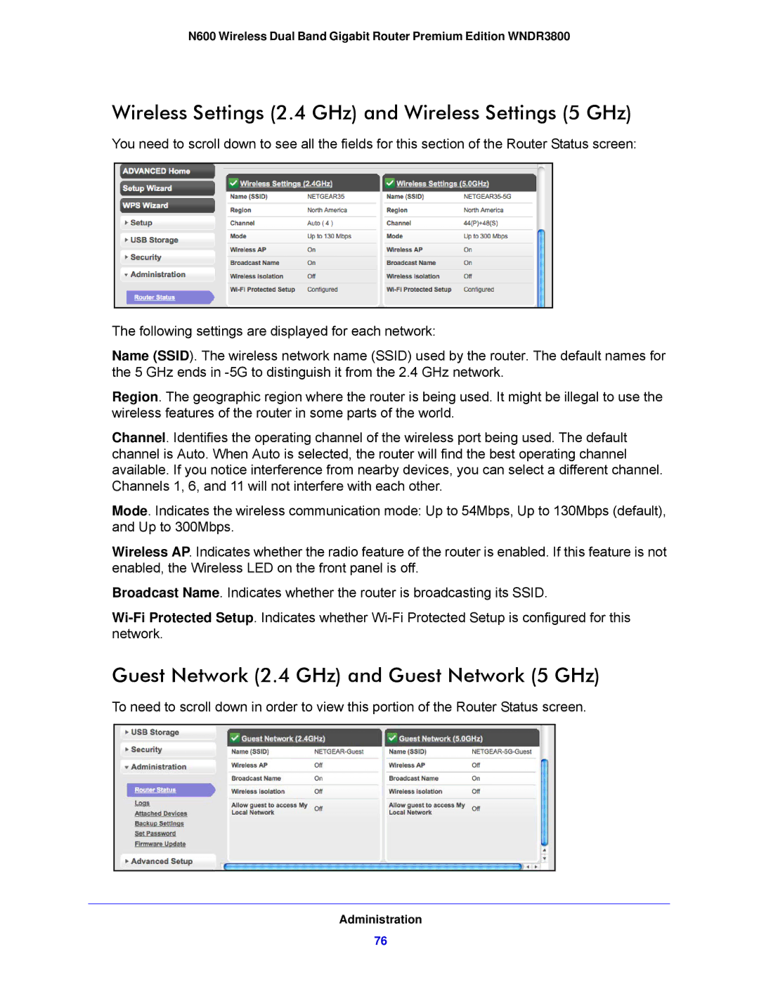 NETGEAR WNDR3800-100NAS user manual Wireless Settings 2.4 GHz and Wireless Settings 5 GHz 