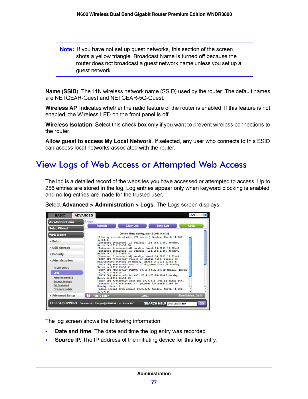 NETGEAR WNDR3800-100NAS user manual View Logs of Web Access or Attempted Web Access 