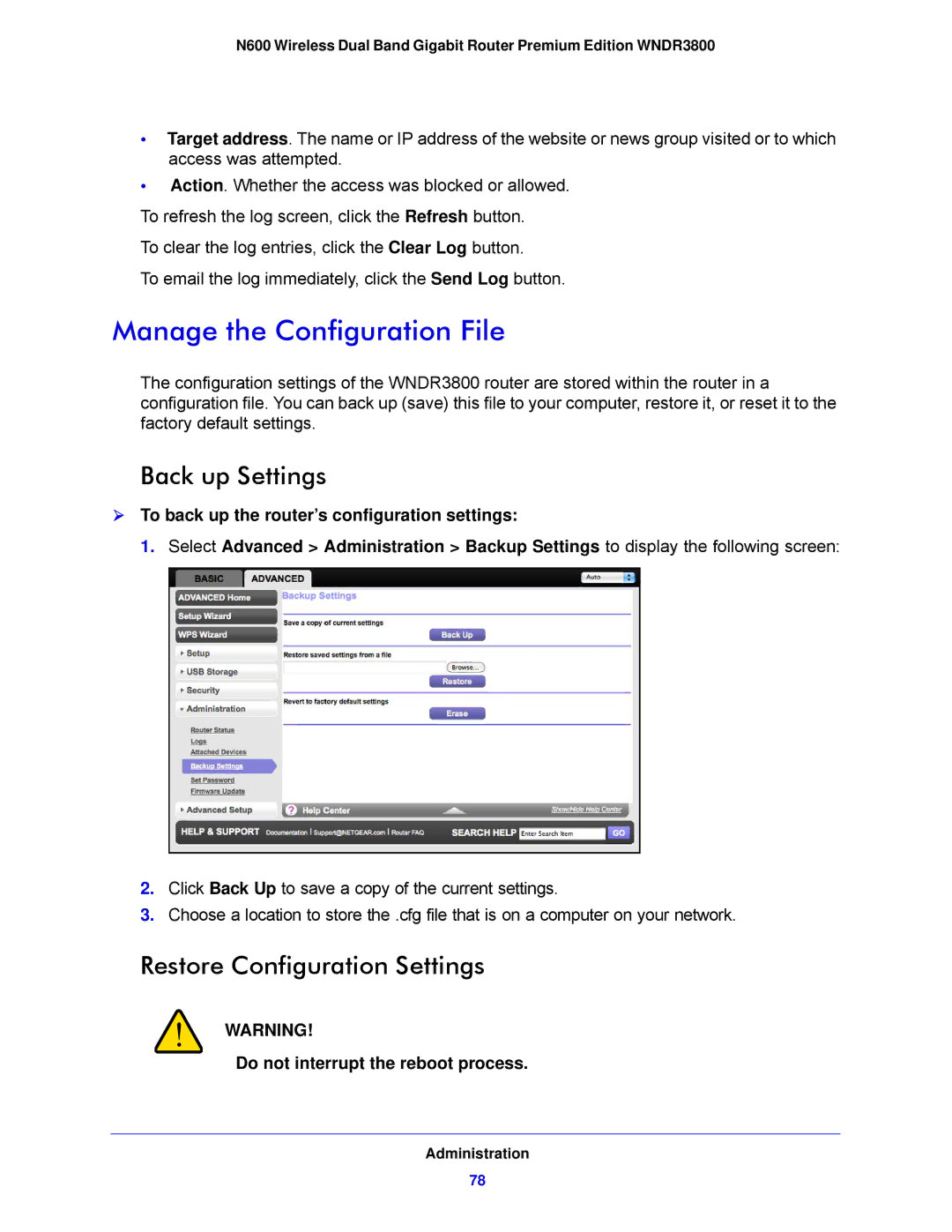 NETGEAR WNDR3800-100NAS user manual Manage the Configuration File, Back up Settings, Restore Configuration Settings 