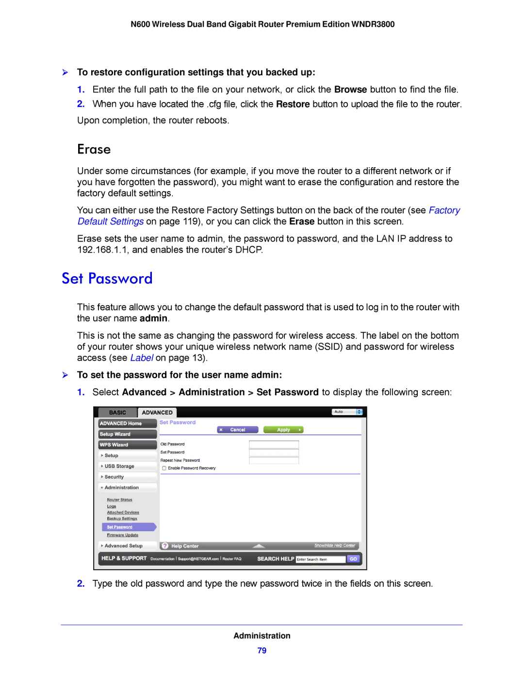 NETGEAR WNDR3800-100NAS user manual Set Password, Erase,  To restore configuration settings that you backed up 