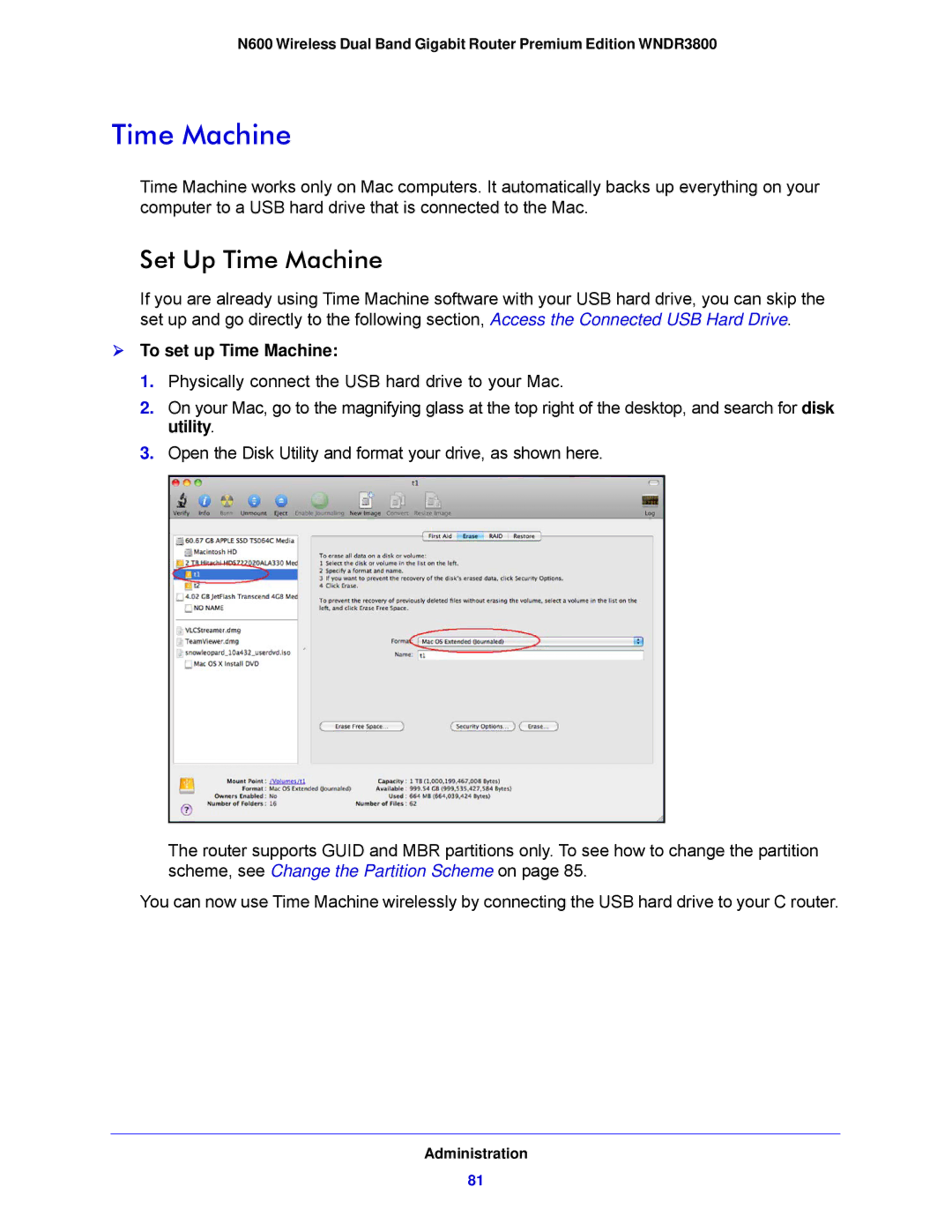 NETGEAR WNDR3800-100NAS user manual Set Up Time Machine,  To set up Time Machine 