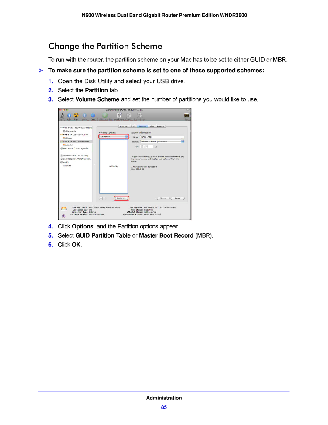 NETGEAR WNDR3800-100NAS user manual Change the Partition Scheme, Select Guid Partition Table or Master Boot Record MBR 