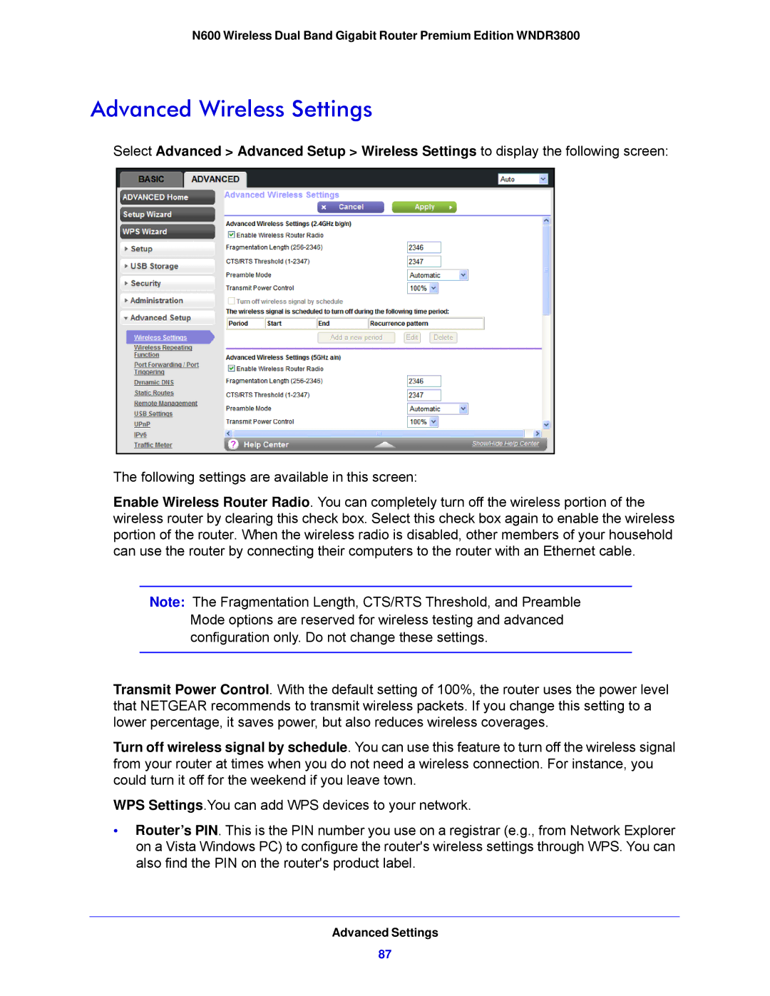 NETGEAR WNDR3800-100NAS user manual Advanced Wireless Settings 