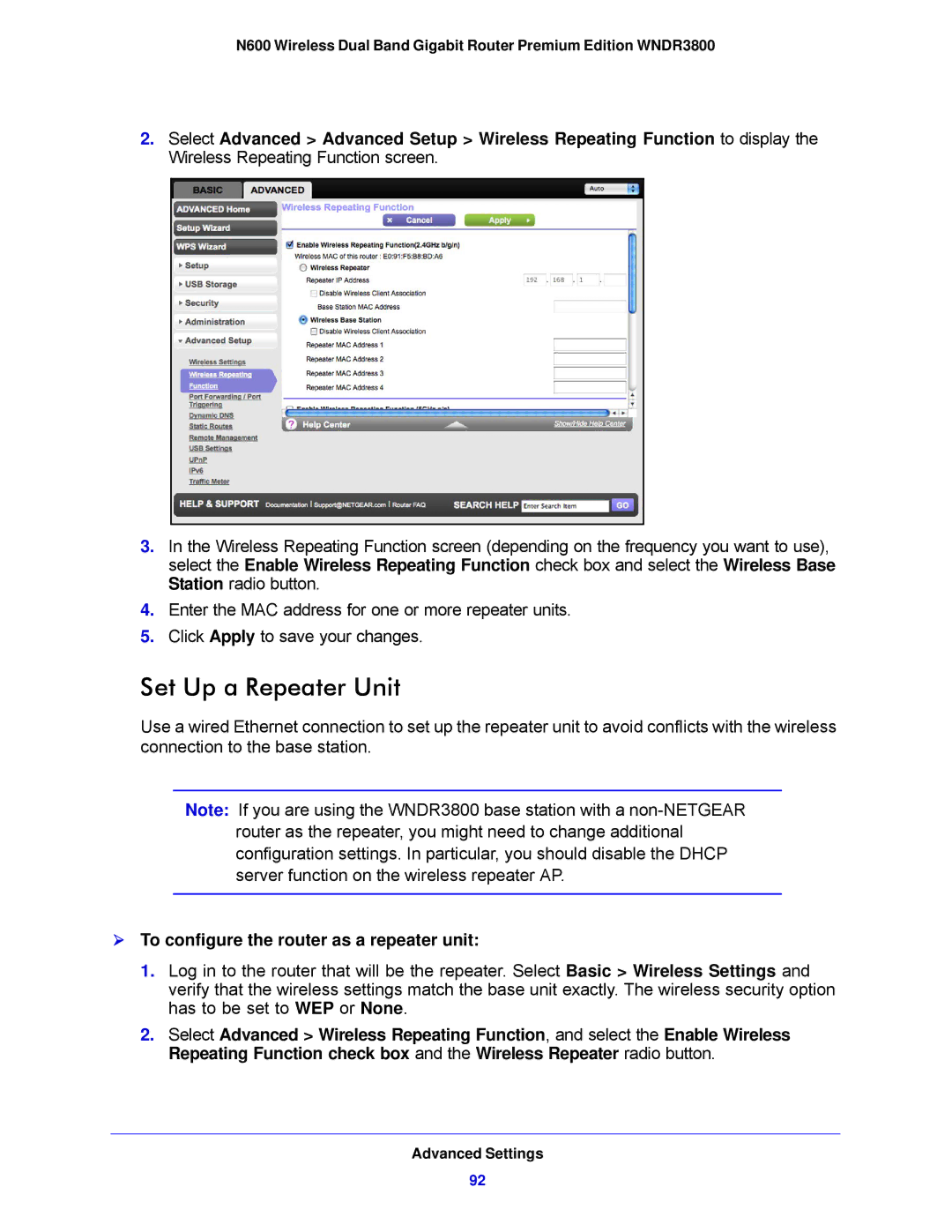 NETGEAR WNDR3800-100NAS user manual Set Up a Repeater Unit,  To configure the router as a repeater unit 