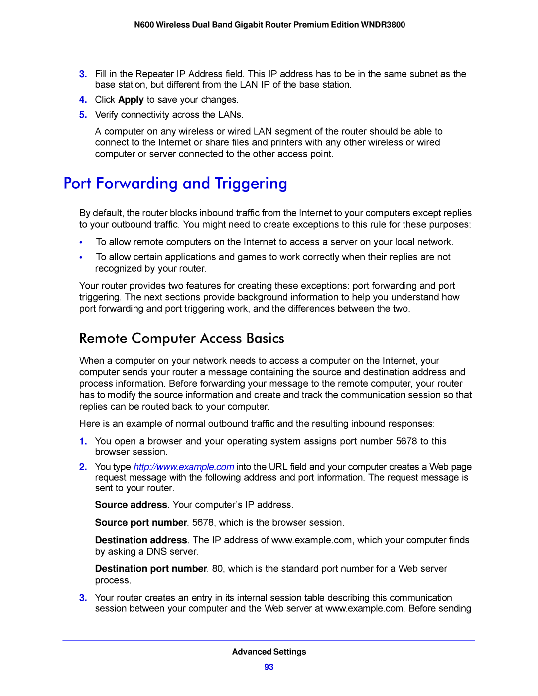 NETGEAR WNDR3800-100NAS user manual Port Forwarding and Triggering, Remote Computer Access Basics 