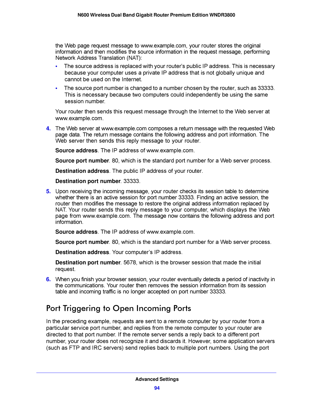 NETGEAR WNDR3800-100NAS user manual Port Triggering to Open Incoming Ports, Destination port number 