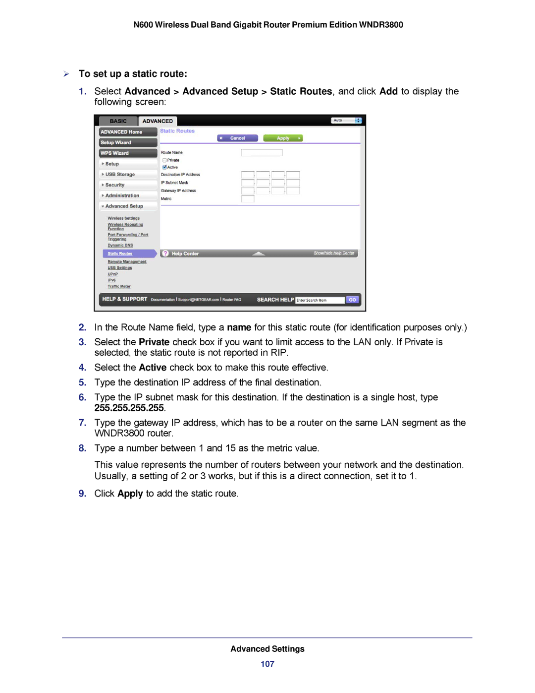 NETGEAR WNDR3800 user manual  To set up a static route 