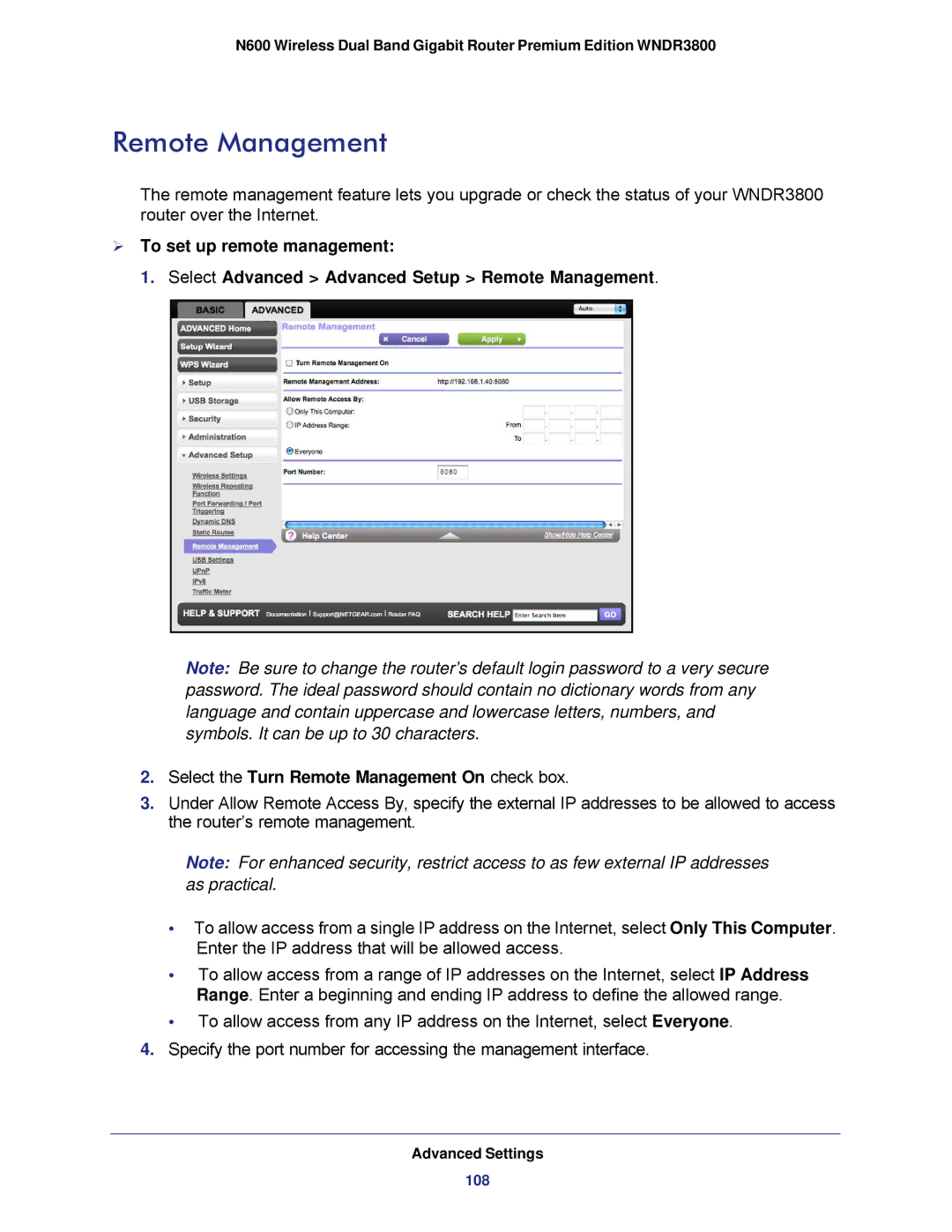 NETGEAR WNDR3800 user manual Remote Management 