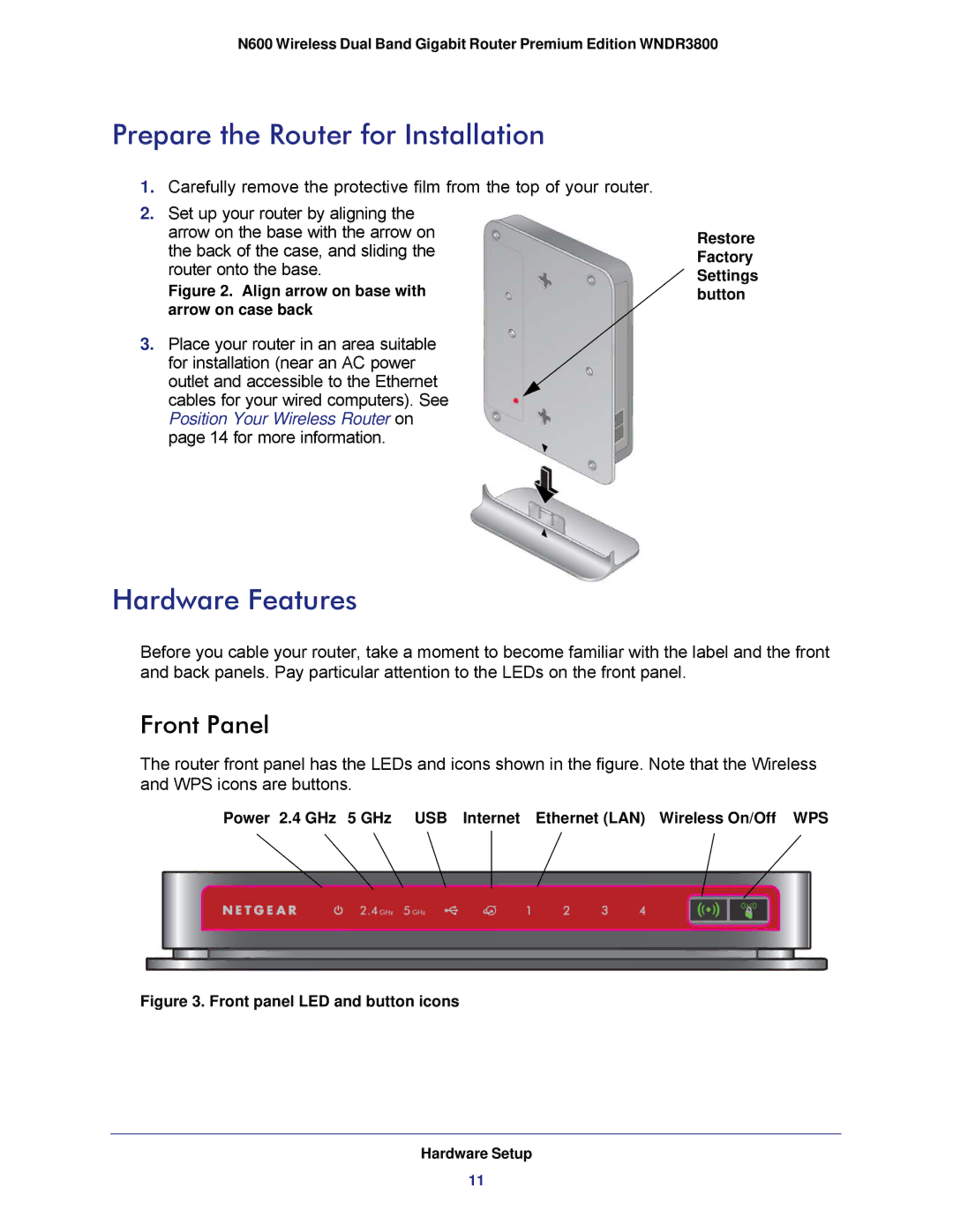 NETGEAR WNDR3800 user manual Prepare the Router for Installation, Hardware Features, Front Panel 