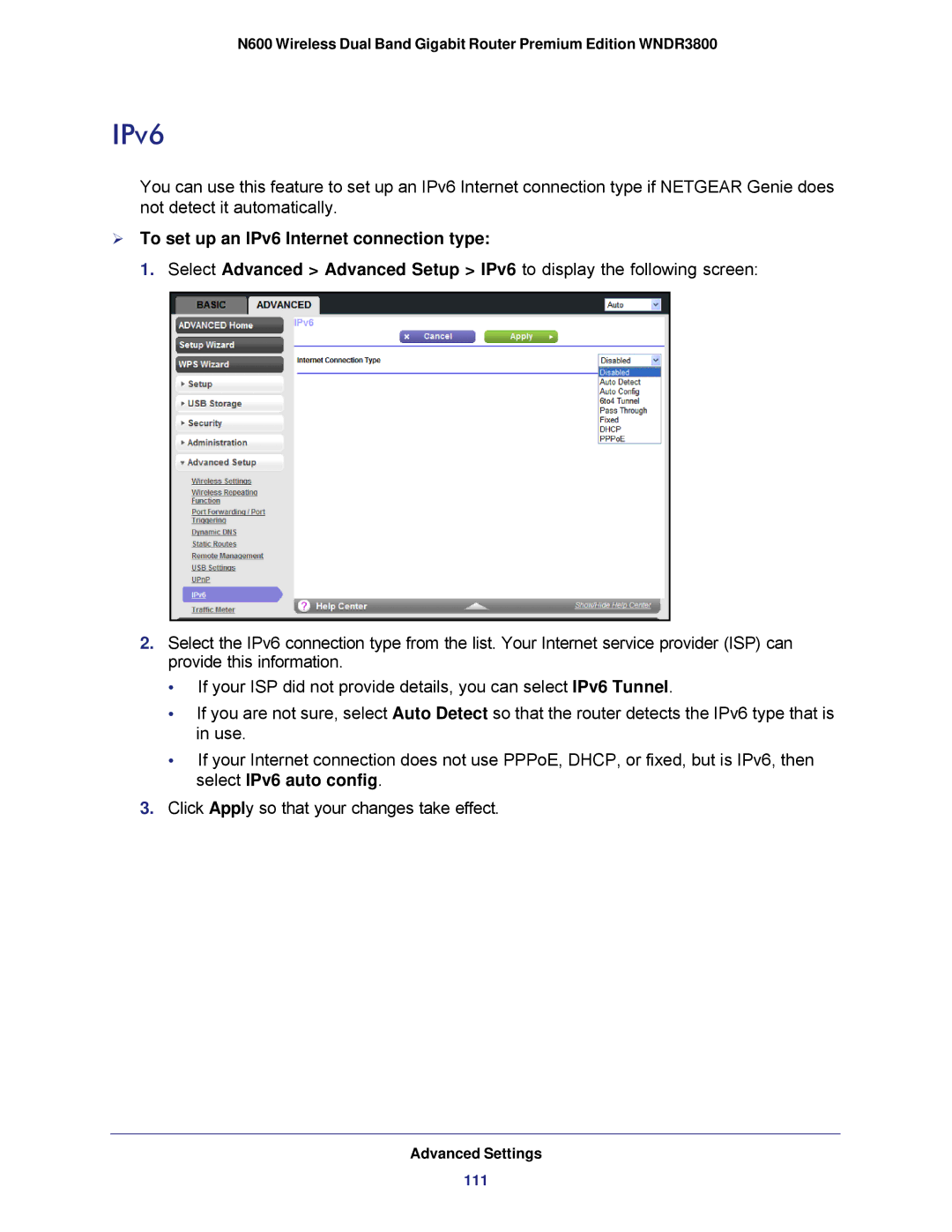 NETGEAR WNDR3800 user manual  To set up an IPv6 Internet connection type 