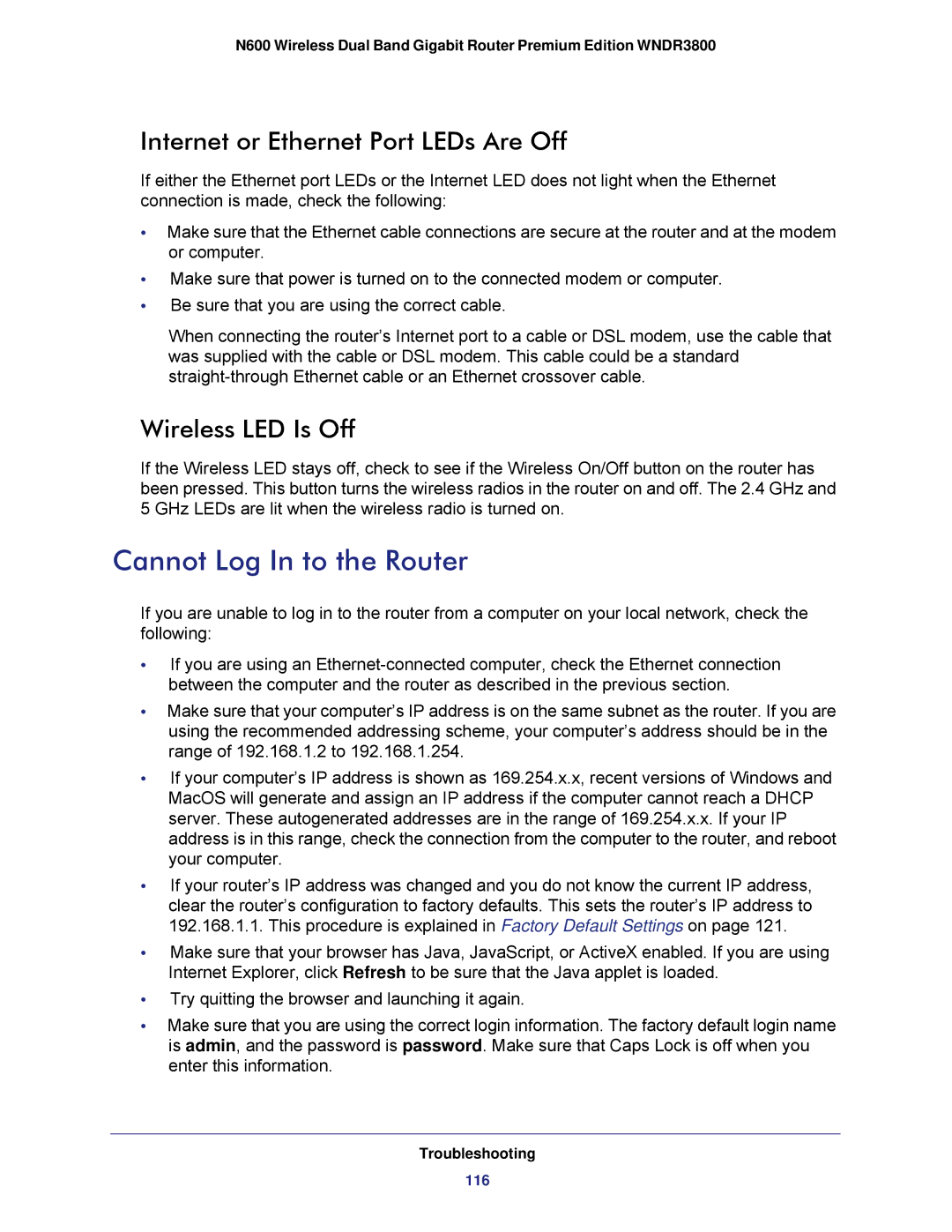 NETGEAR WNDR3800 user manual Cannot Log In to the Router, Internet or Ethernet Port LEDs Are Off, Wireless LED Is Off 