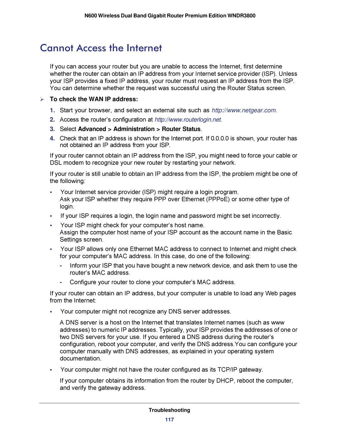 NETGEAR WNDR3800 user manual Cannot Access the Internet 