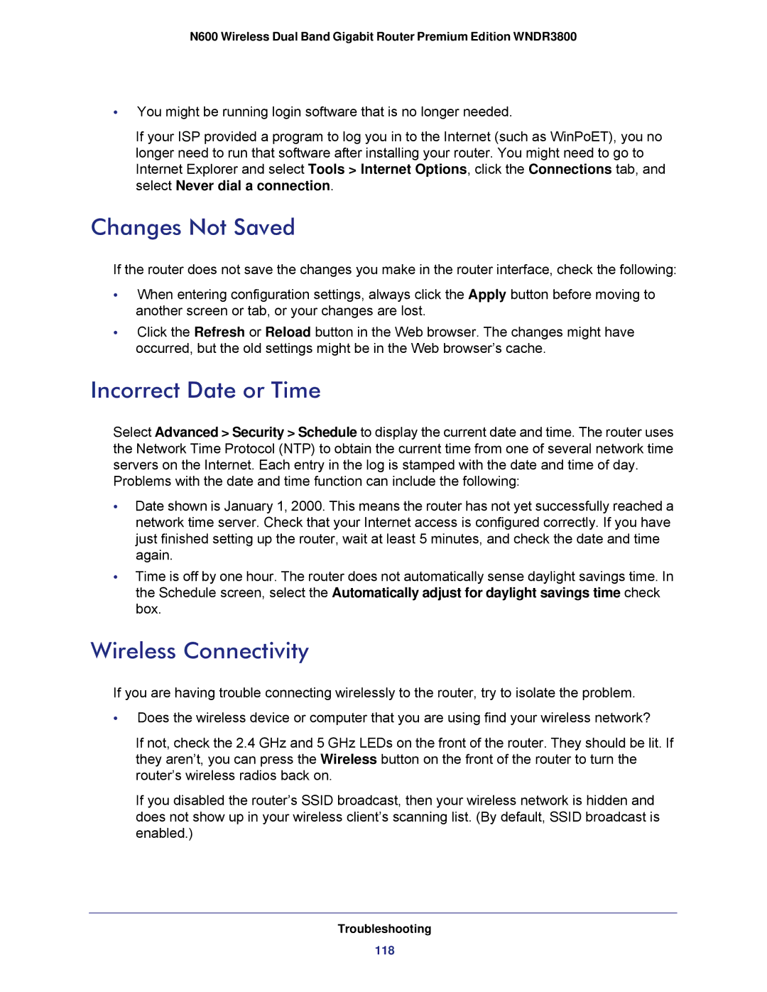 NETGEAR WNDR3800 user manual Changes Not Saved, Incorrect Date or Time, Wireless Connectivity 