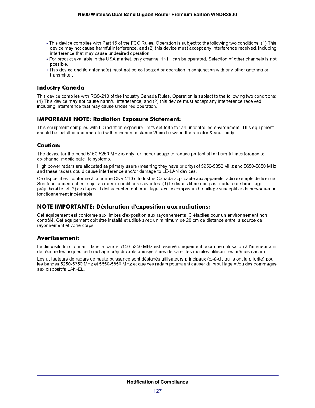 NETGEAR WNDR3800 user manual Industry Canada, Important Note Radiation Exposure Statement, Avertissement 