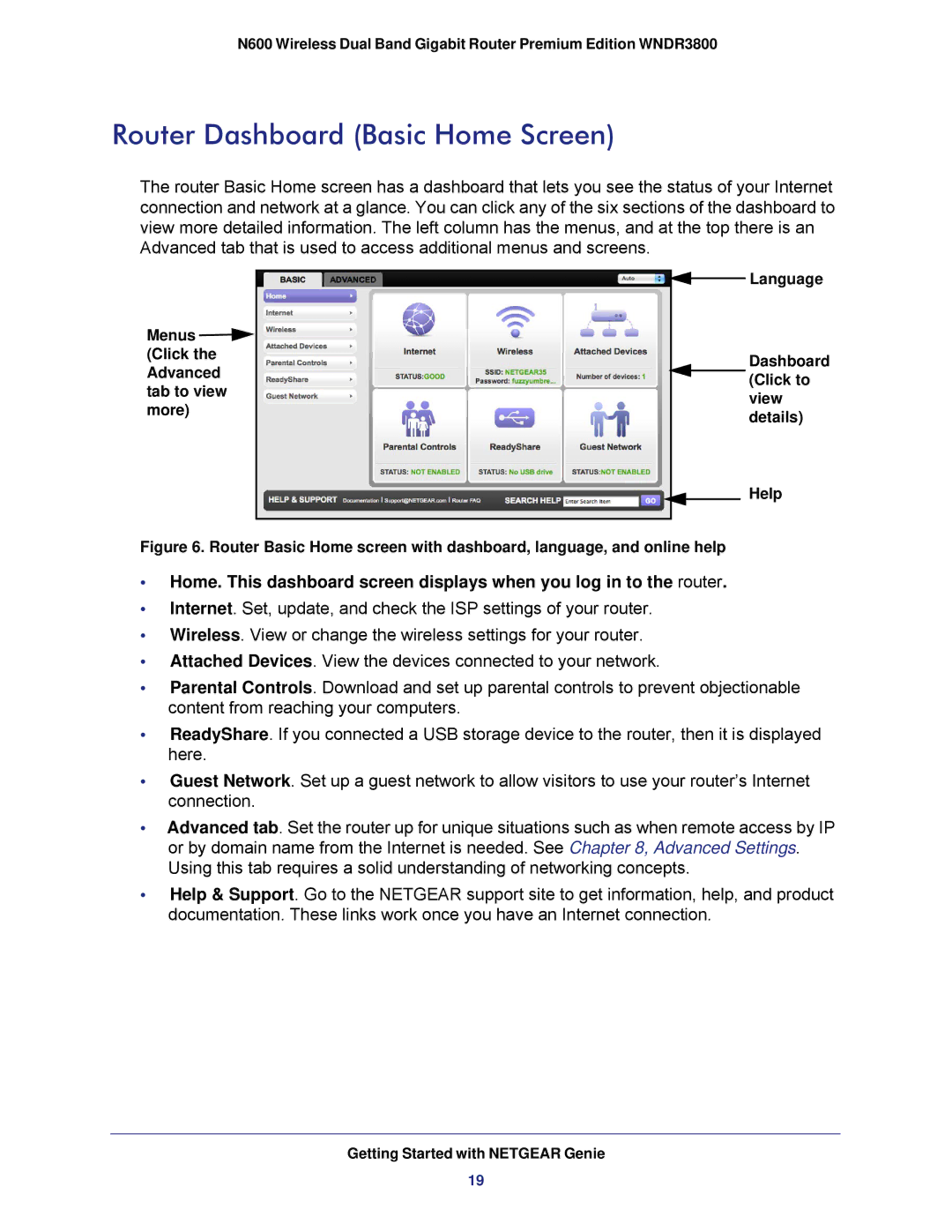 NETGEAR WNDR3800 user manual Router Dashboard Basic Home Screen 