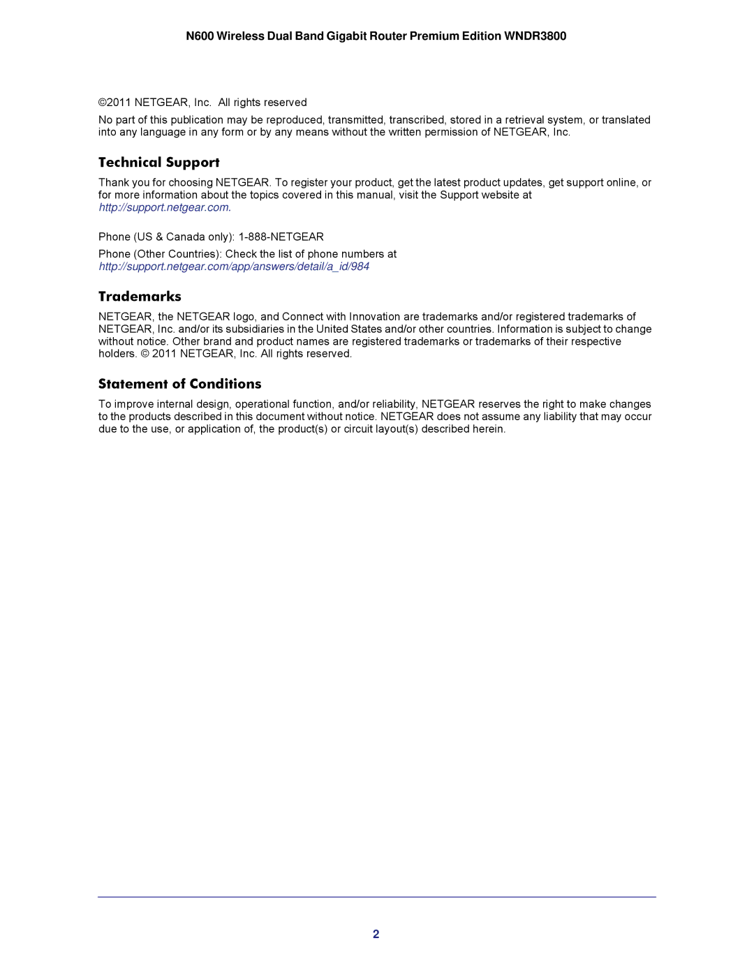 NETGEAR WNDR3800 user manual Technical Support, Trademarks, Statement of Conditions 