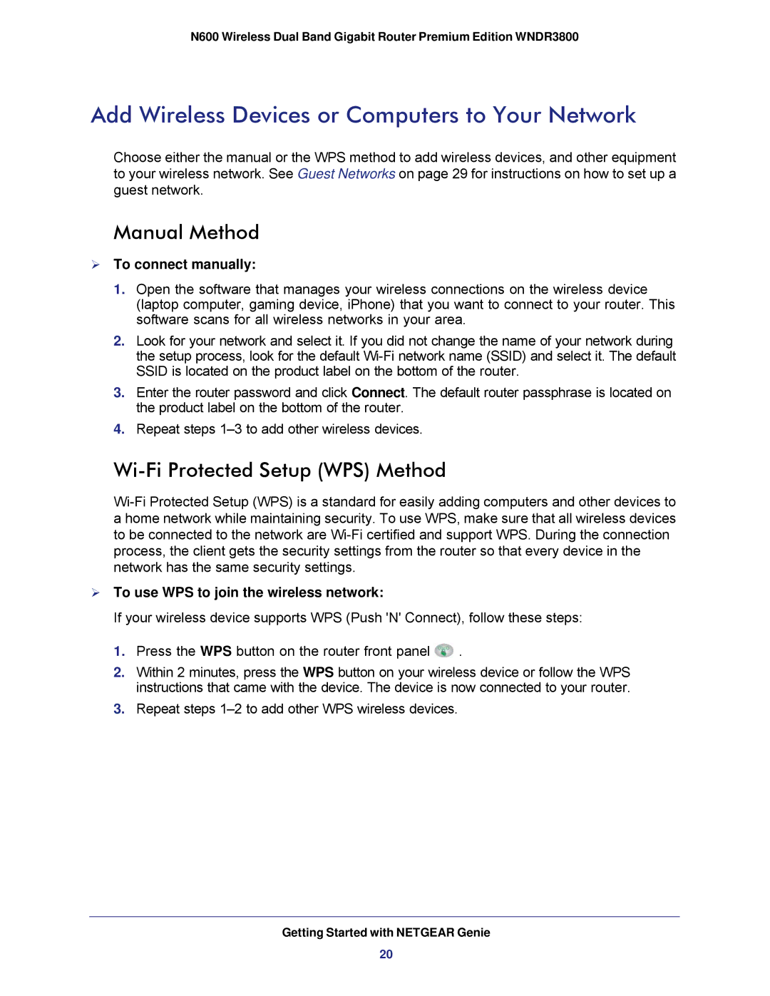 NETGEAR WNDR3800 Add Wireless Devices or Computers to Your Network, Manual Method, Wi-Fi Protected Setup WPS Method 