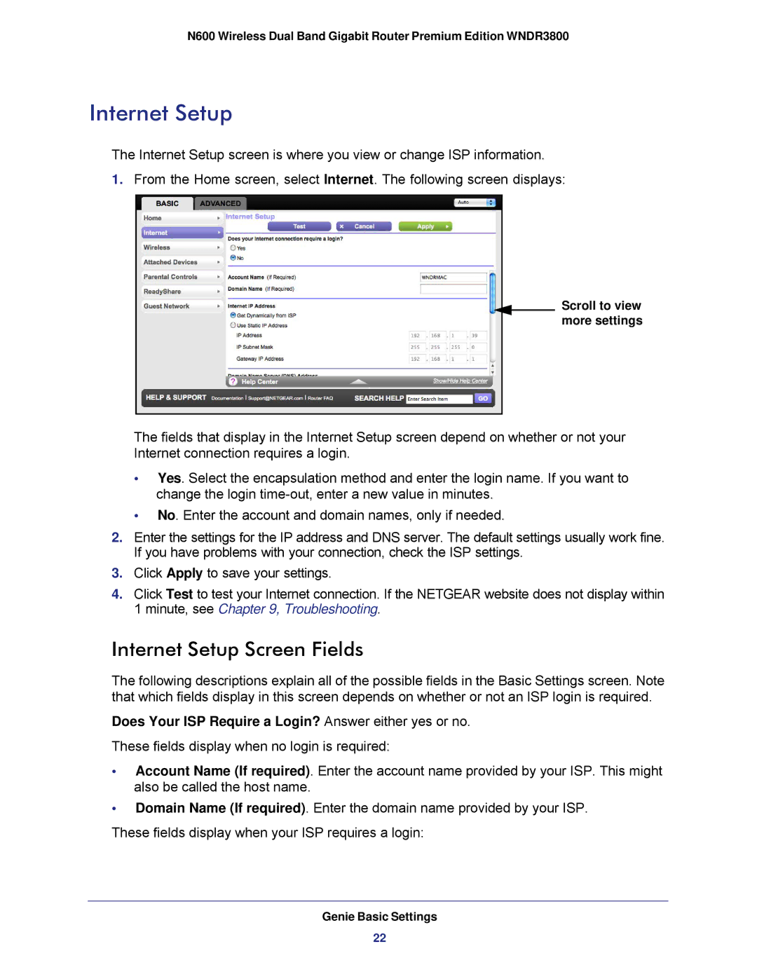 NETGEAR WNDR3800 user manual Internet Setup Screen Fields, Does Your ISP Require a Login? Answer either yes or no 