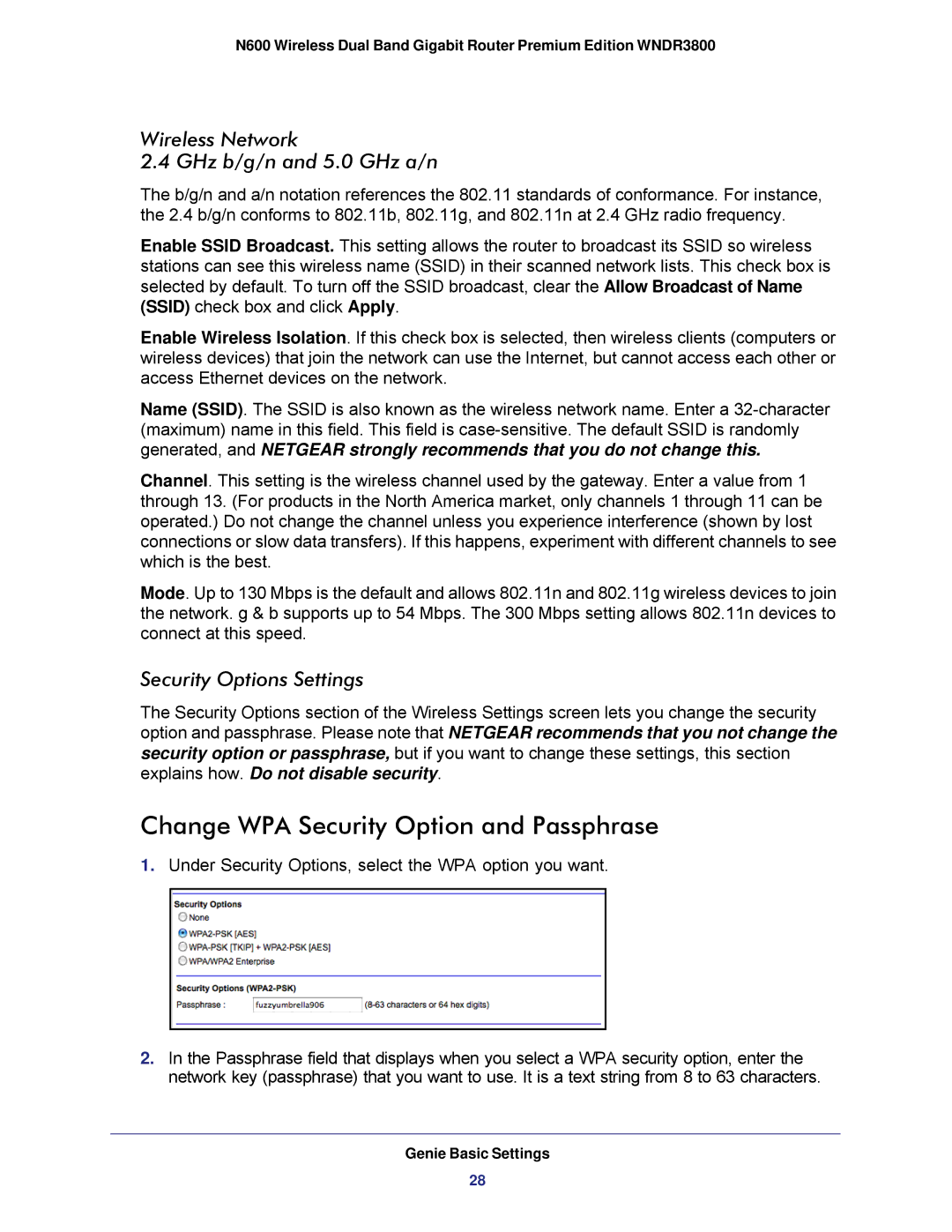 NETGEAR WNDR3800 user manual Change WPA Security Option and Passphrase, Wireless Network GHz b/g/n and 5.0 GHz a/n 