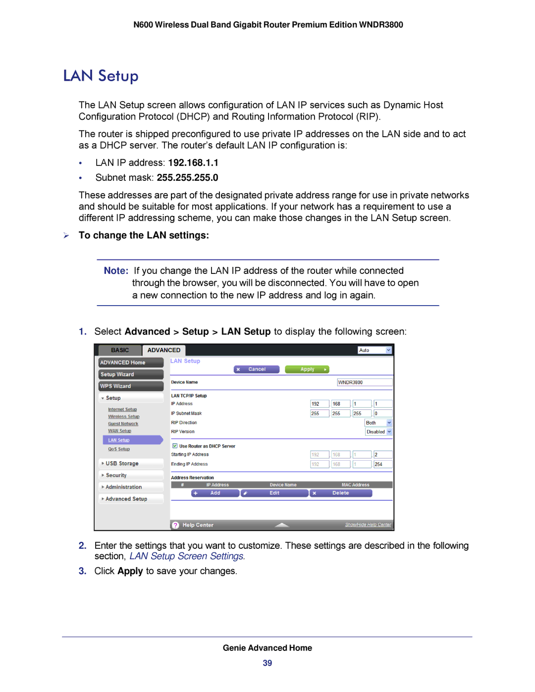 NETGEAR WNDR3800 user manual LAN Setup,  To change the LAN settings 