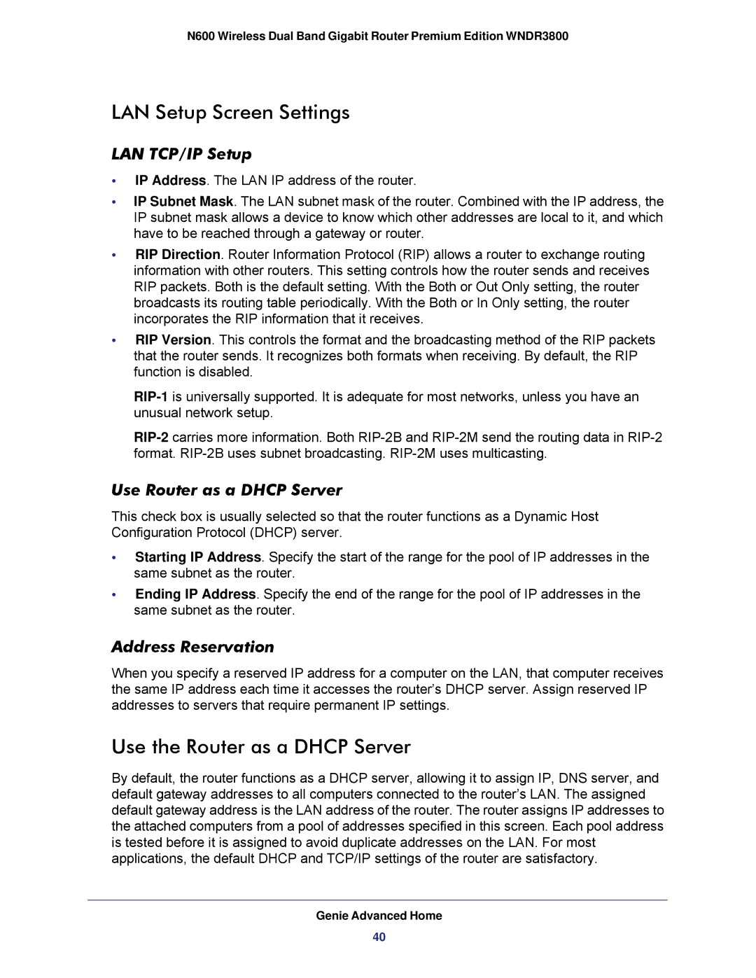 NETGEAR WNDR3800 user manual LAN Setup Screen Settings, Use the Router as a Dhcp Server 