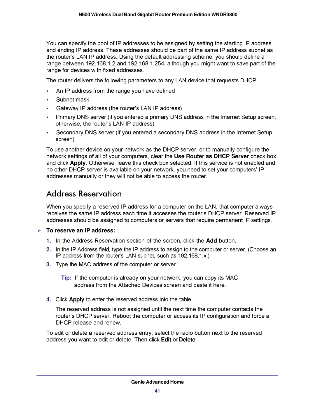 NETGEAR WNDR3800 user manual Address Reservation,  To reserve an IP address 