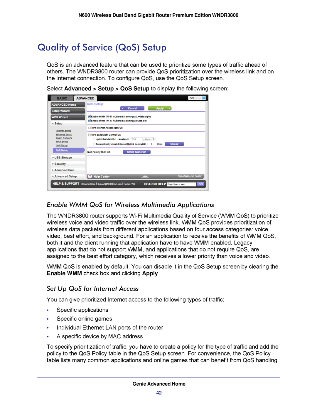 NETGEAR WNDR3800 user manual Quality of Service QoS Setup, Enable WMM QoS for Wireless Multimedia Applications 