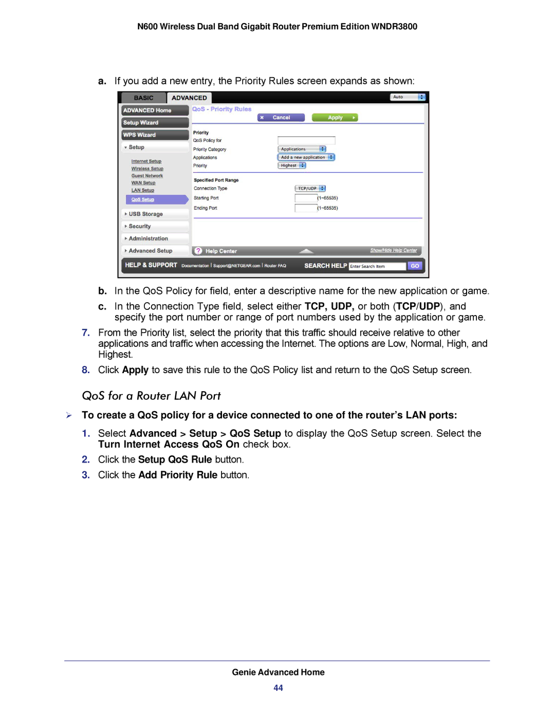 NETGEAR WNDR3800 user manual QoS for a Router LAN Port, Click the Add Priority Rule button 