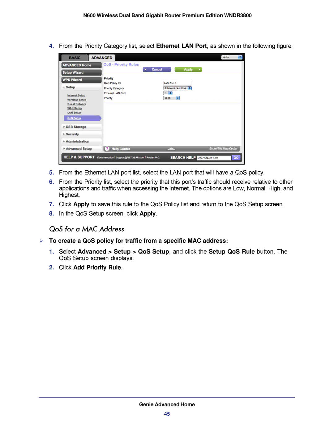 NETGEAR WNDR3800 user manual QoS for a MAC Address, Click Add Priority Rule 