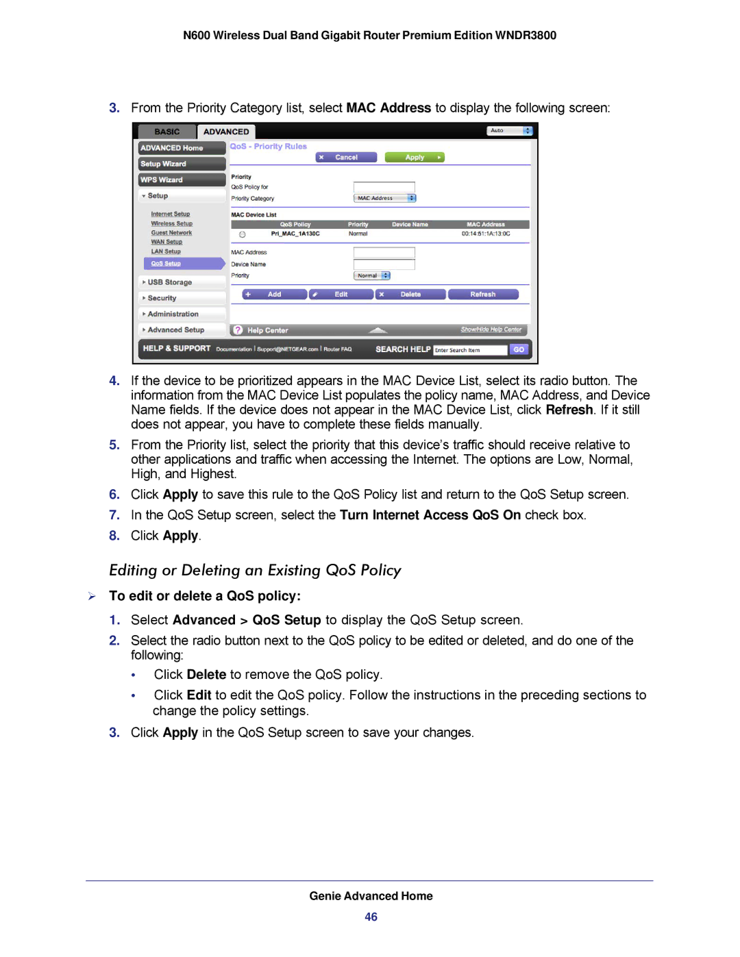 NETGEAR WNDR3800 user manual Editing or Deleting an Existing QoS Policy,  To edit or delete a QoS policy 