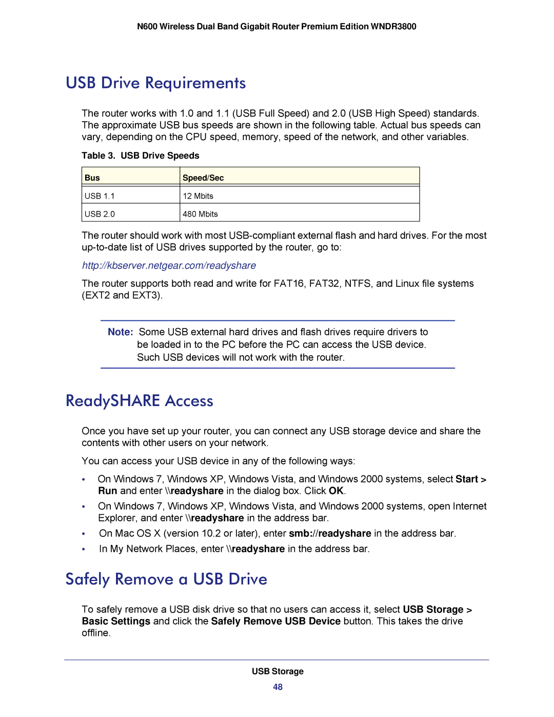 NETGEAR WNDR3800 user manual USB Drive Requirements, ReadySHARE Access, Safely Remove a USB Drive 