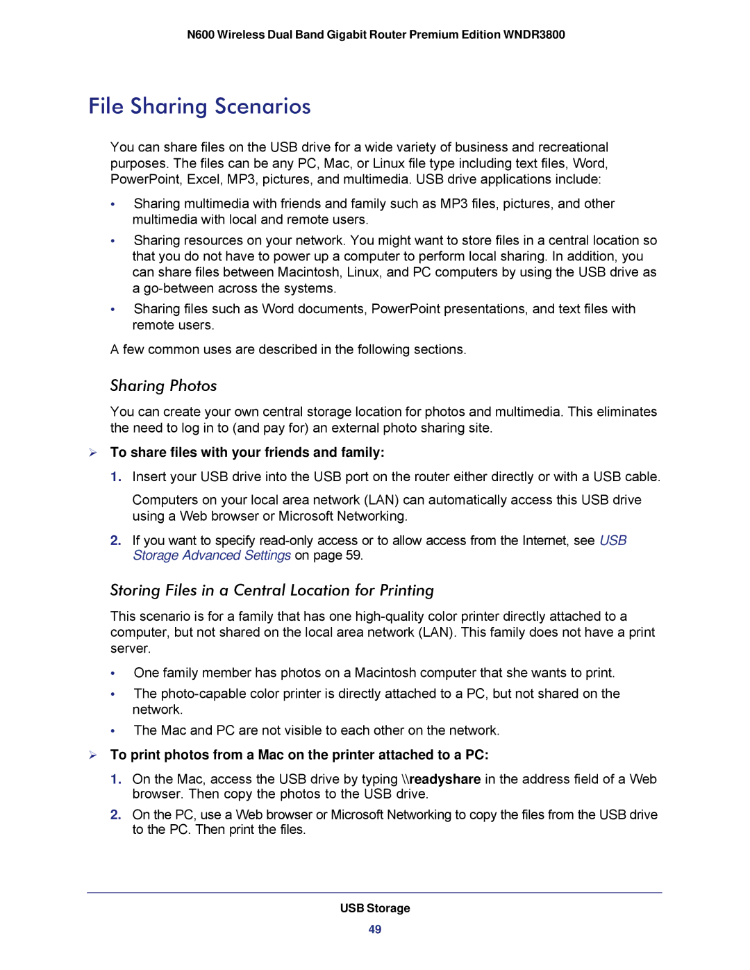 NETGEAR WNDR3800 user manual File Sharing Scenarios, Sharing Photos, Storing Files in a Central Location for Printing 