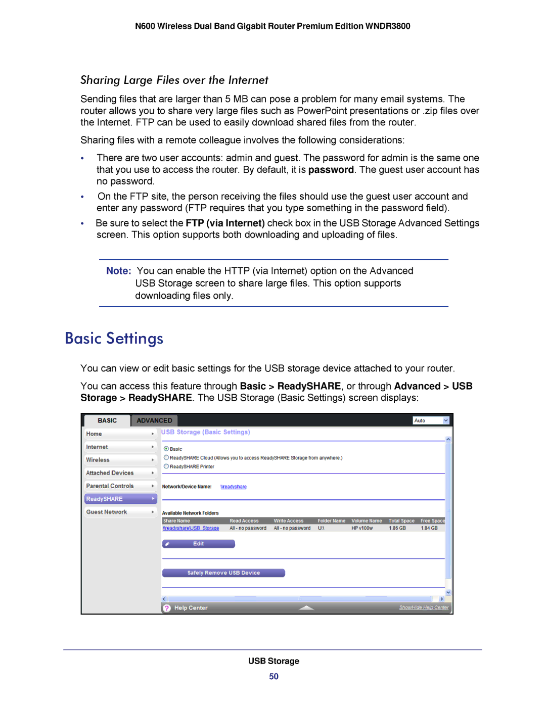 NETGEAR WNDR3800 user manual Basic Settings, Sharing Large Files over the Internet 