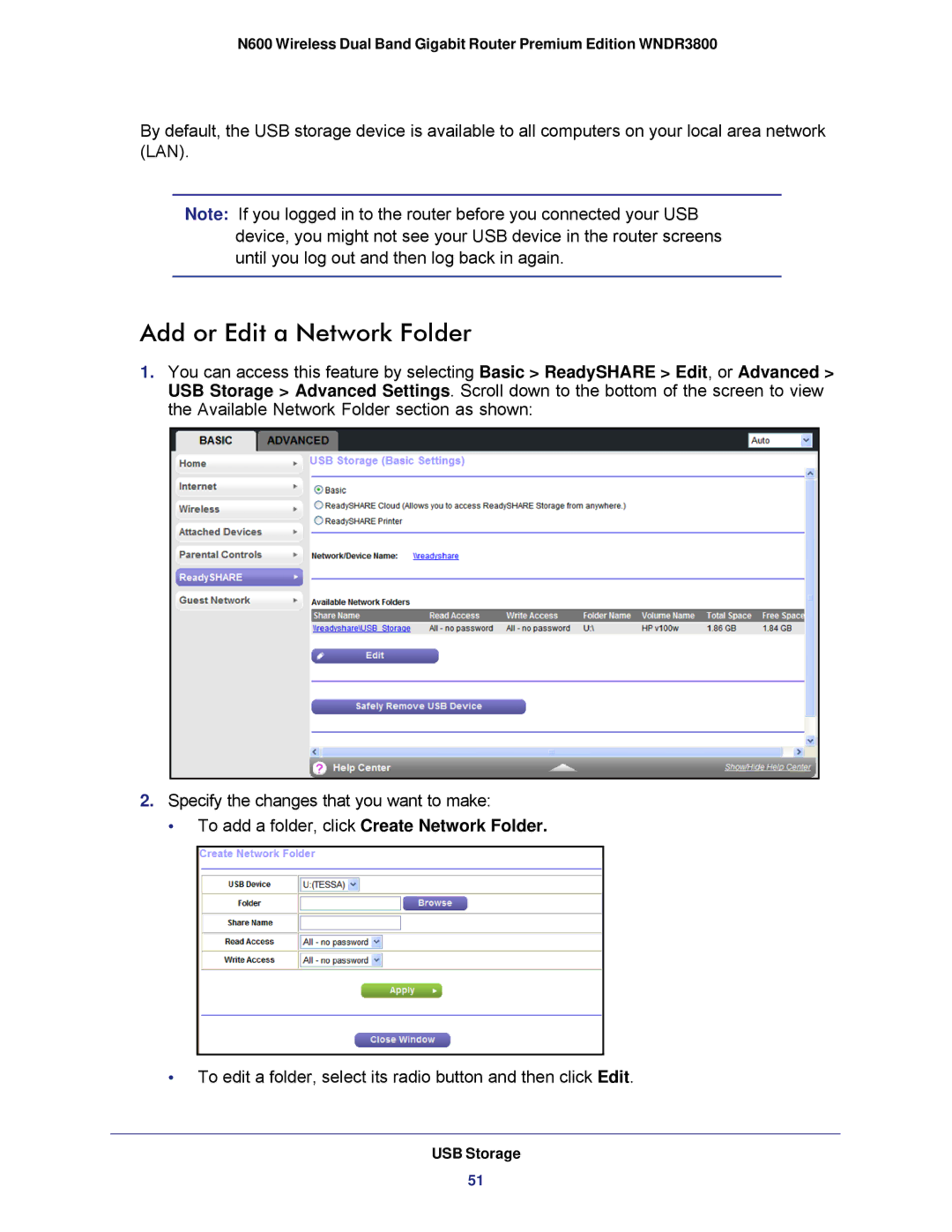 NETGEAR WNDR3800 user manual Add or Edit a Network Folder 