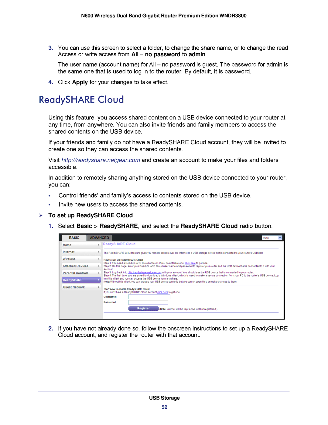 NETGEAR WNDR3800 user manual  To set up ReadySHARE Cloud 