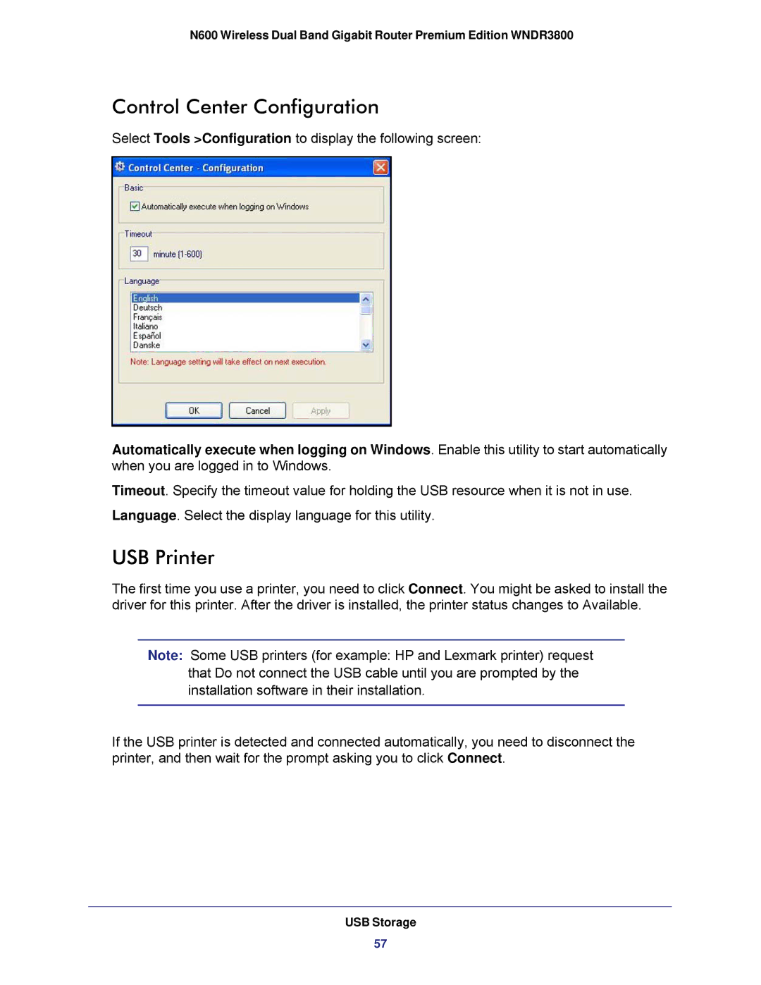 NETGEAR WNDR3800 user manual Control Center Configuration, USB Printer 