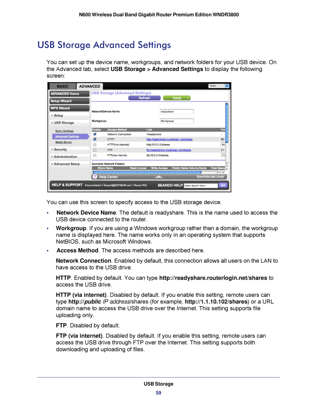 NETGEAR WNDR3800 user manual USB Storage Advanced Settings 