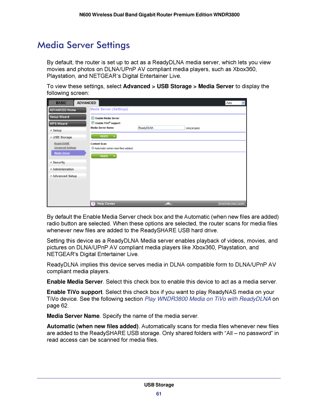 NETGEAR WNDR3800 user manual Media Server Settings 