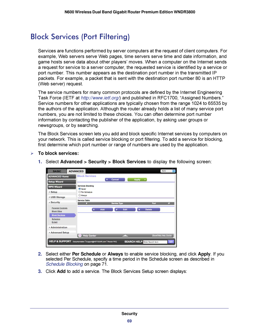 NETGEAR WNDR3800 user manual Block Services Port Filtering,  To block services 