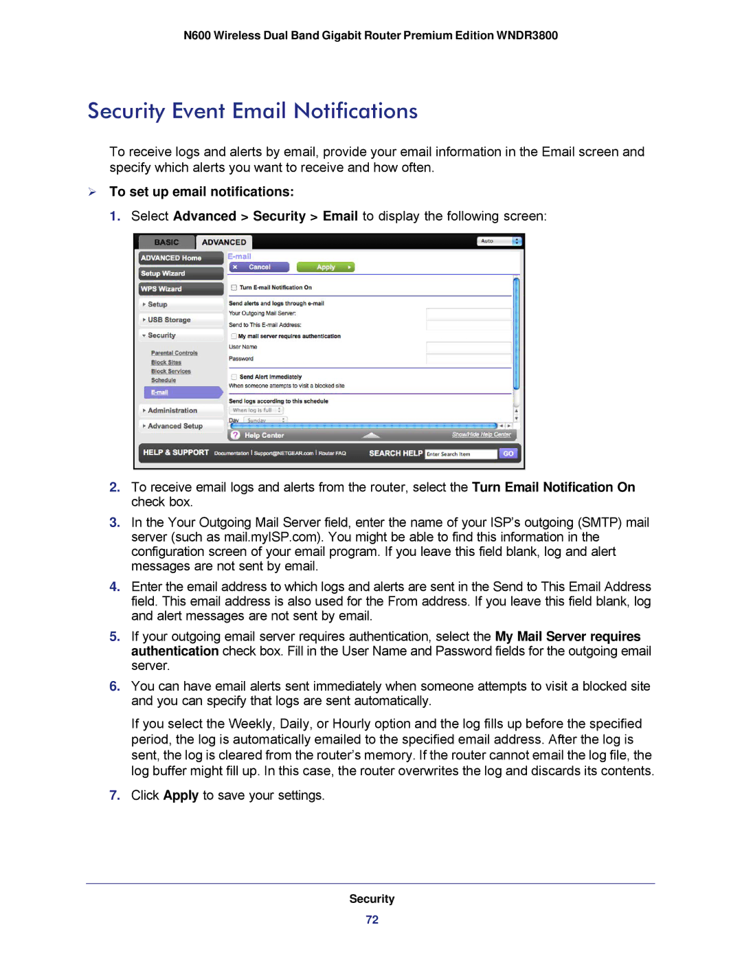 NETGEAR WNDR3800 user manual Security Event Email Notifications,  To set up email notifications 