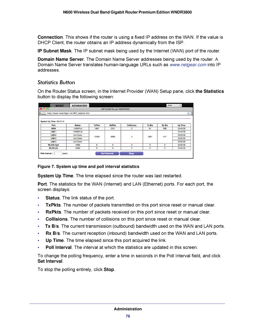 NETGEAR WNDR3800 user manual Statistics Button, System up time and poll interval statistics 