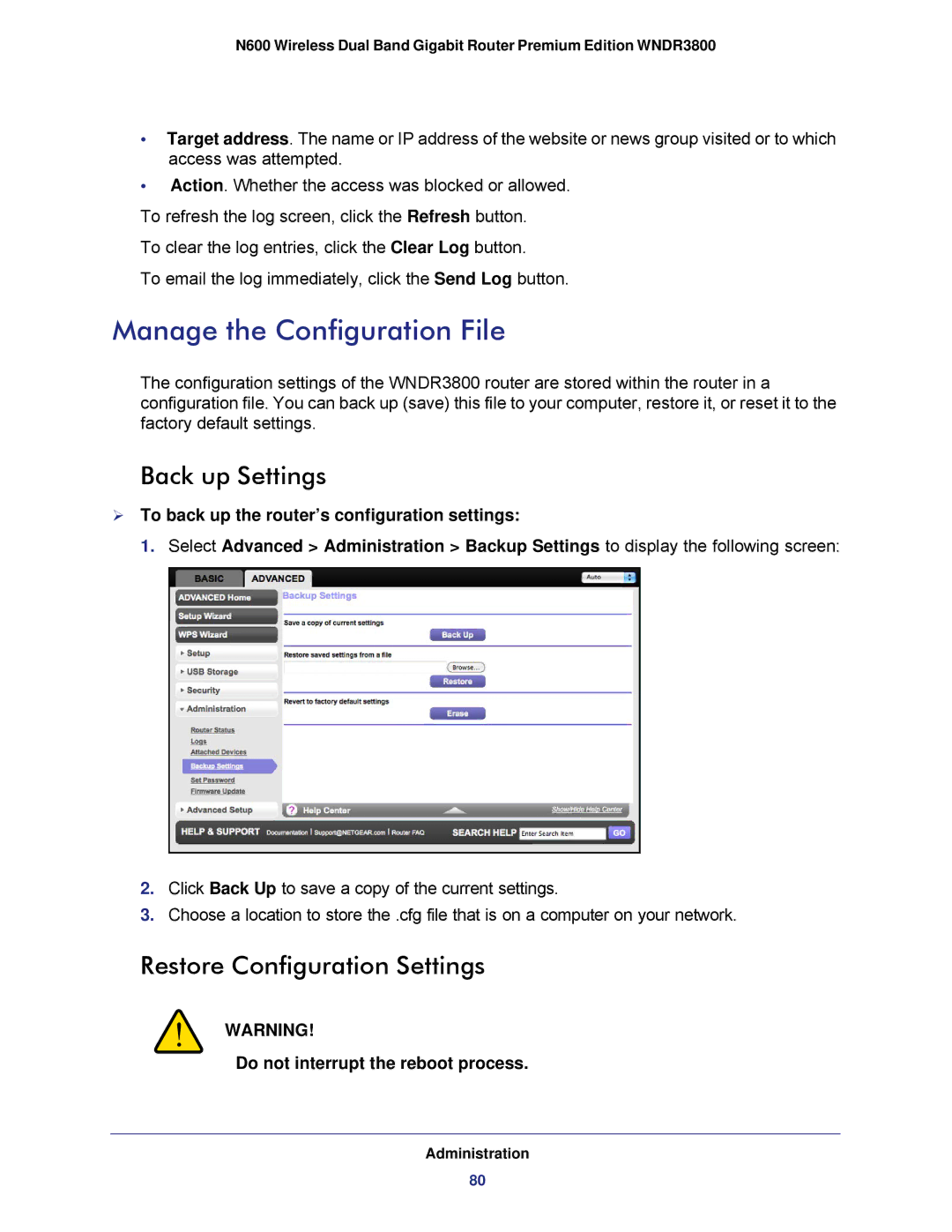 NETGEAR WNDR3800 user manual Manage the Configuration File, Back up Settings, Restore Configuration Settings 