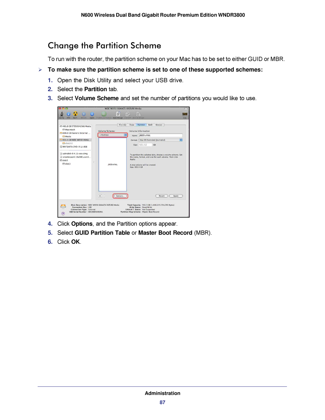 NETGEAR WNDR3800 user manual Change the Partition Scheme, Select Guid Partition Table or Master Boot Record MBR 