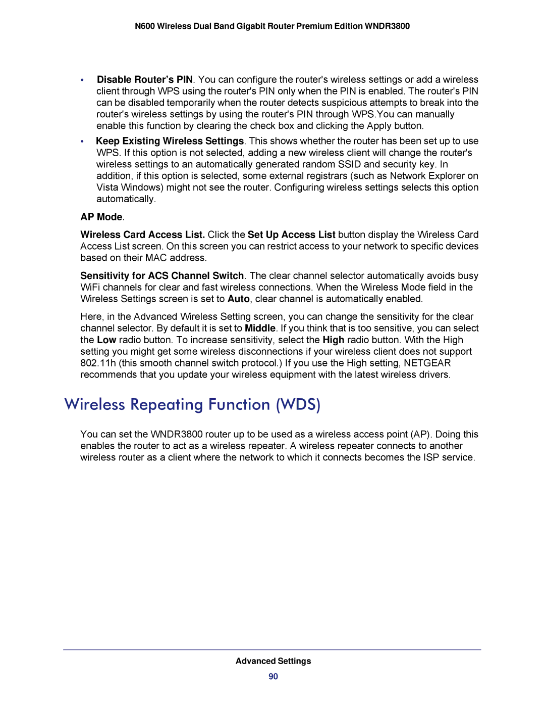 NETGEAR WNDR3800 user manual Wireless Repeating Function WDS, AP Mode 