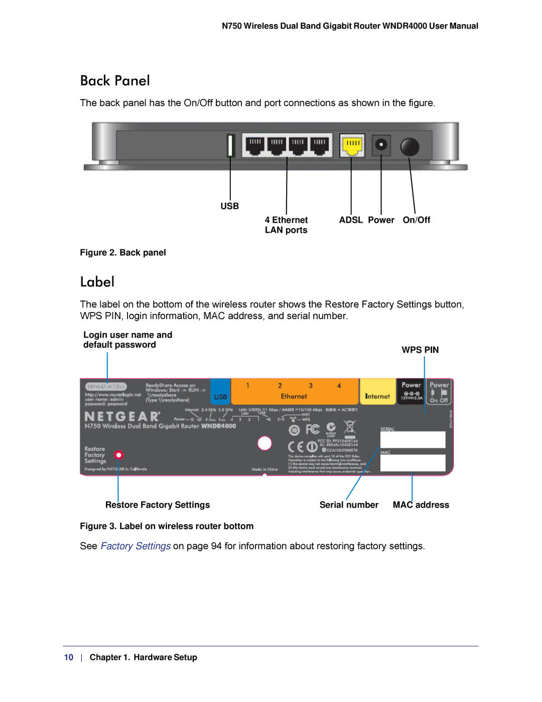 NETGEAR WNDR4000, N750 user manual Back Panel, Label 