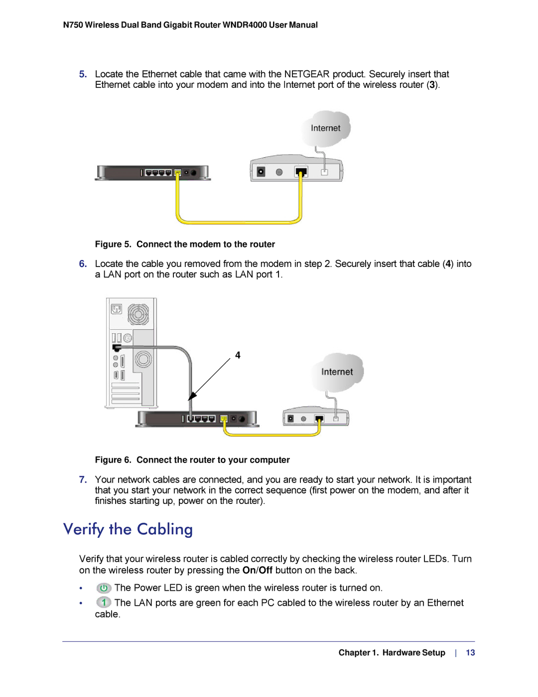 NETGEAR N750, WNDR4000 user manual Verify the Cabling, Connect the modem to the router 