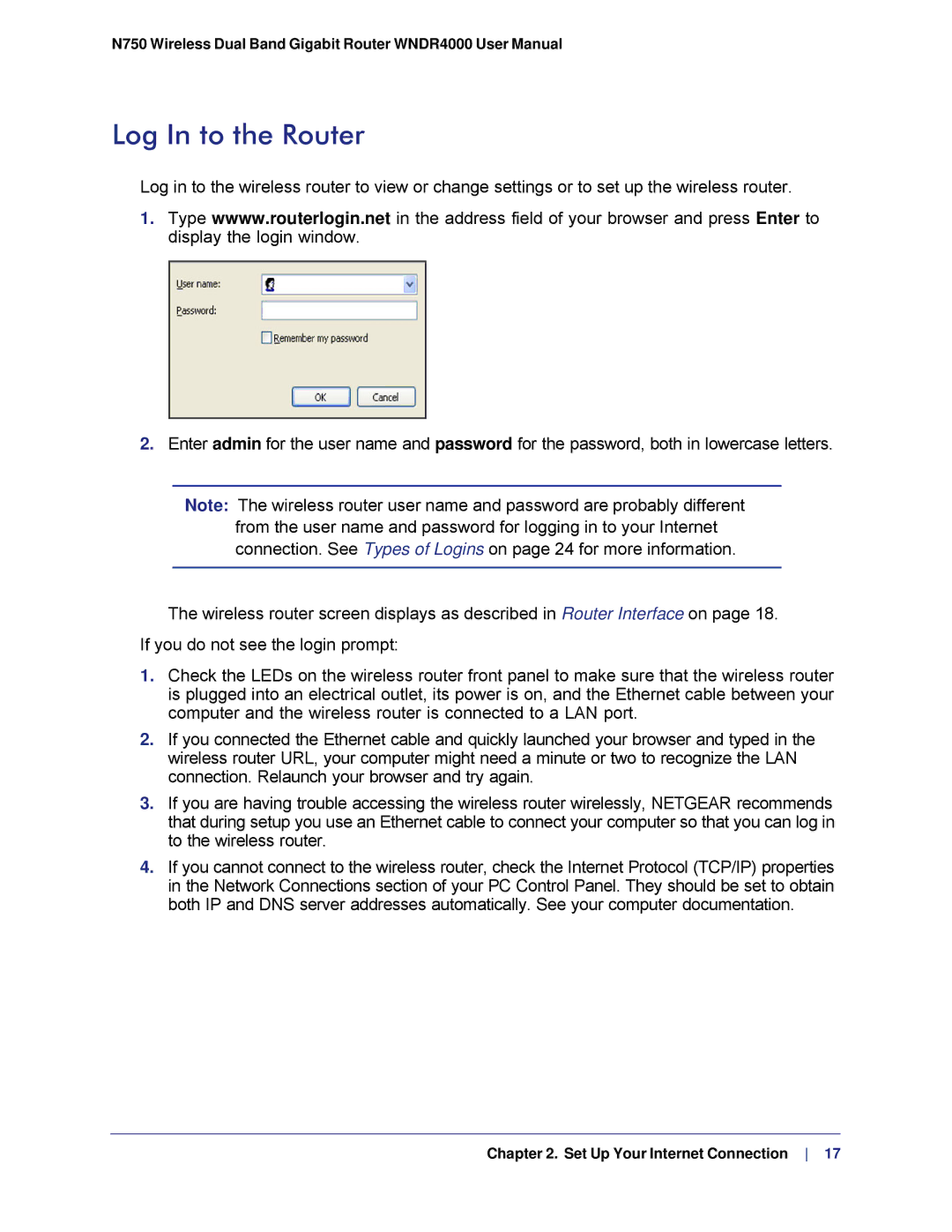 NETGEAR N750, WNDR4000 user manual Log In to the Router 